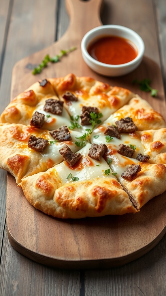 Golden carnivore flatbread cut into triangles on a wooden board with dipping sauce and herbs.